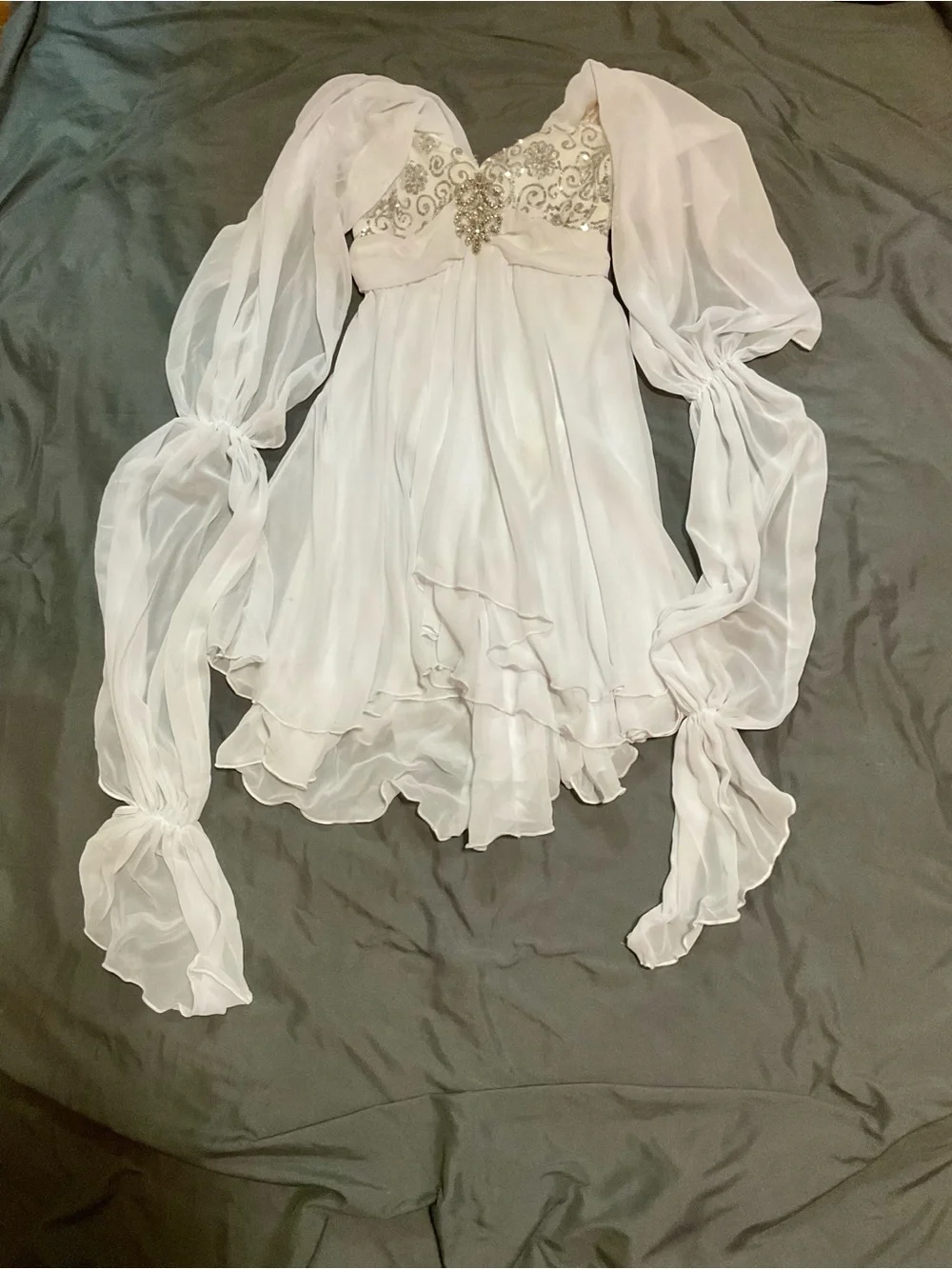 White Sequin Lyrical Dance Costume with Detachable Sleeves